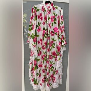 Floral Kimono with Lace Trim